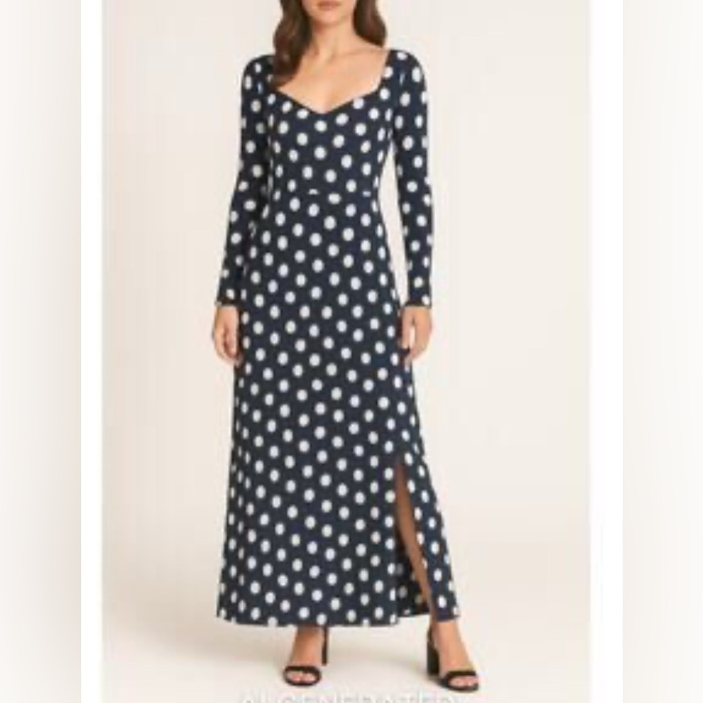 ASOS Design Navy Blue Polka Dot Maxi Dress Long Sleeve Slit 6
